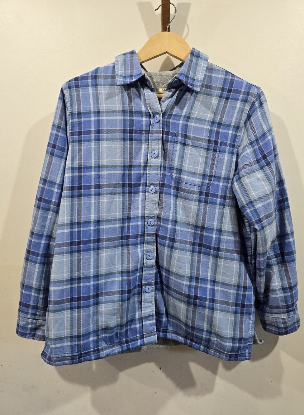 L.L.Bean Women’s Small Petite Cozy Fleece Lined Flannel Shirt Jacket Blue Plaid